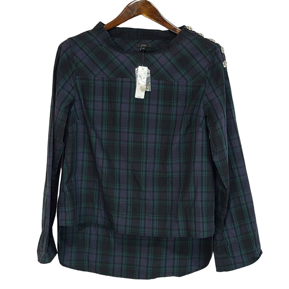 J Crew Funnelneck Shirt Blackwatch Tartan With Jeweled Buttons on Shoulder NWT